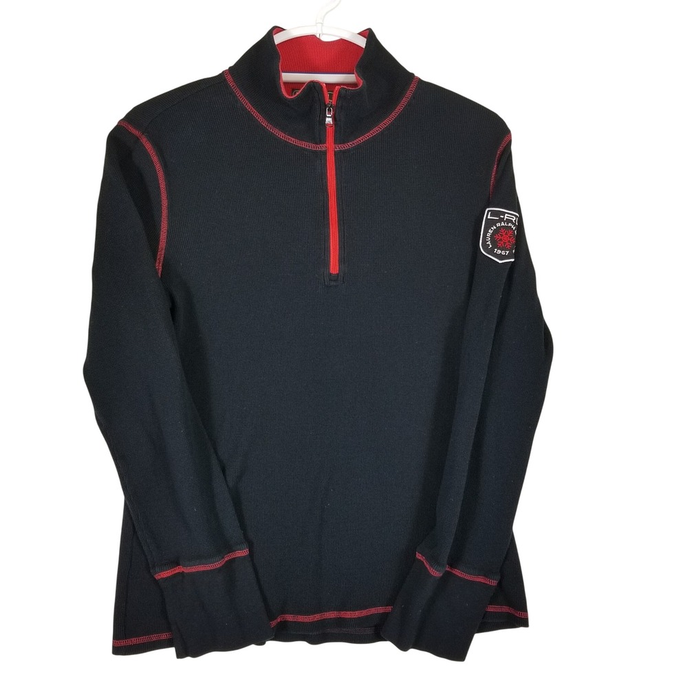 Lauren Ralph Lauren Pullover Womens XL Black Red 1/4‎ Zip Waffle Knit Crest